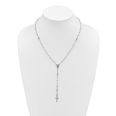 Sterling Silver Rhodium-plated Plastic Imitation Pearl with extender Rosary Necklace