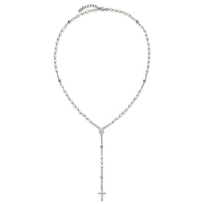 Sterling Silver Rhodium-plated Plastic Imitation Pearl with extender Rosary Necklace