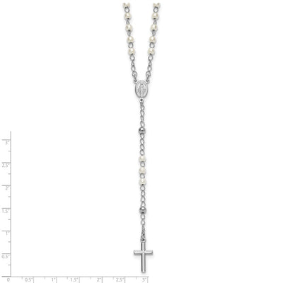 Sterling Silver Rhodium-plated Plastic Imitation Pearl with extender Rosary Necklace