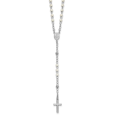 Sterling Silver Rhodium-plated Plastic Imitation Pearl with extender Rosary Necklace