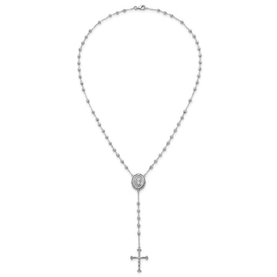 Sterling Silver Rhodium-plated CZ Diamond-cut Beaded Rosary Necklace