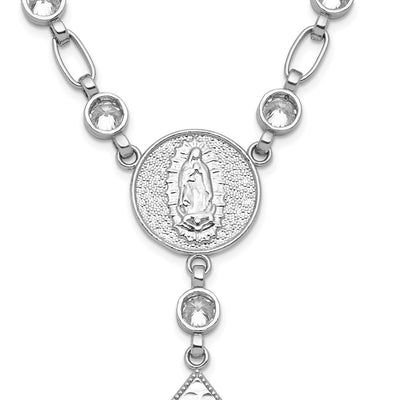 Sterling Silver Rhodium-plated Polished Round CZ Rosary Necklace