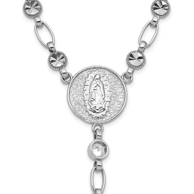Sterling Silver Rhodium-plated Polished CZ and Diamond-cut Circles Rosary Necklace