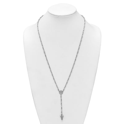 Sterling Silver Rhodium-plated CZ and Diamond-cut Heart Link with Cross Ash Holder Rosary Necklace