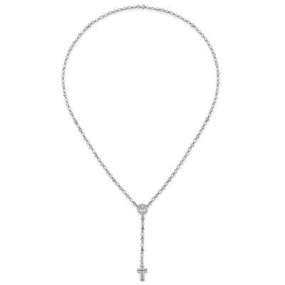 Sterling Silver Rhodium-plated CZ and Diamond-cut Heart Link with Cross Ash Holder Rosary Necklace