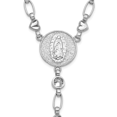 Sterling Silver Rhodium-plated CZ and Diamond-cut Heart Link with Cross Ash Holder Rosary Necklace