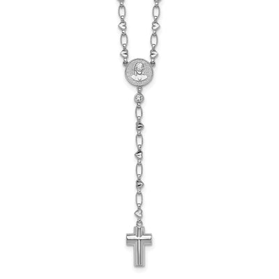 Sterling Silver Rhodium-plated CZ and Diamond-cut Heart Link with Cross Ash Holder Rosary Necklace
