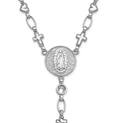 Sterling Silver Rhodium-plated CZ and Diamond-cut Heart and Cross Link with Cross Ash Holder Rosary Necklace