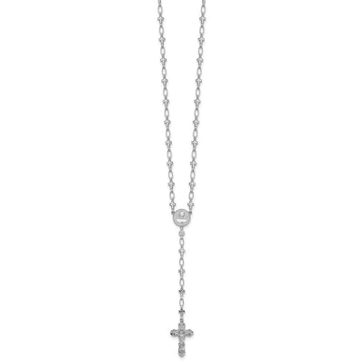 Sterling Silver Rhodium-plated Polished CZ and Diamond-cut Crosses Rosary Necklace