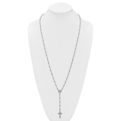 Sterling Silver Rhodium-plated Polished CZ and Diamond-cut Crosses Rosary Necklace