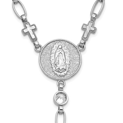 Sterling Silver Rhodium-plated Polished CZ and Diamond-cut Crosses Rosary Necklace