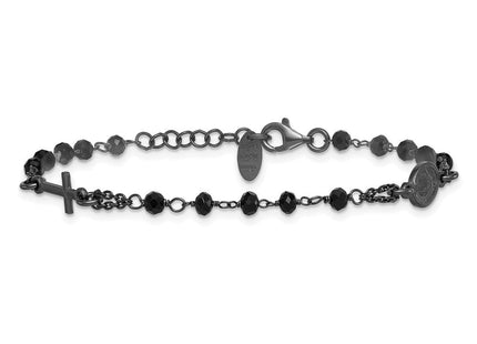 Sterling Silver Black Rhodium-plated Crystal with 0. extender Rosary Themed Necklace