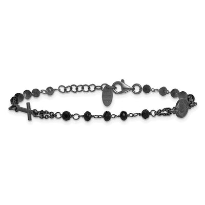 Sterling Silver Black Rhodium-plated Crystal with extender Rosary Themed Necklace