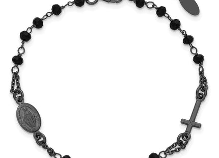 Sterling Silver Black Rhodium-plated Crystal with 0. extender Rosary Themed Necklace