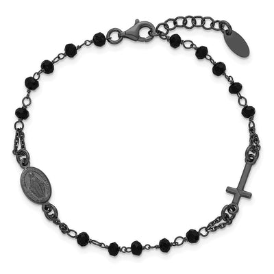 Sterling Silver Black Rhodium-plated Crystal with extender Rosary Themed Necklace