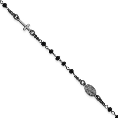 Sterling Silver Black Rhodium-plated Crystal with extender Rosary Themed Necklace