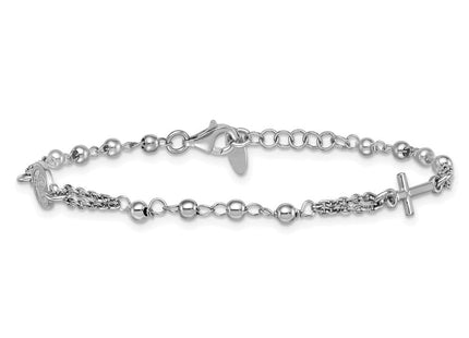 Sterling Silver Rhodium-plated 7. with 0. extender Rosary Themed Necklace