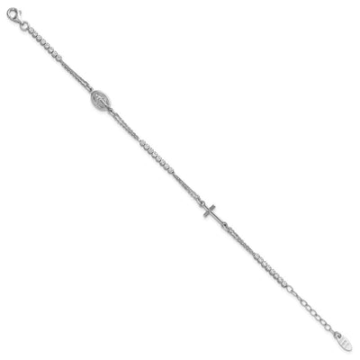 Sterling Silver Rhodium-plated Polished CZ with extender Rosary Bracelet