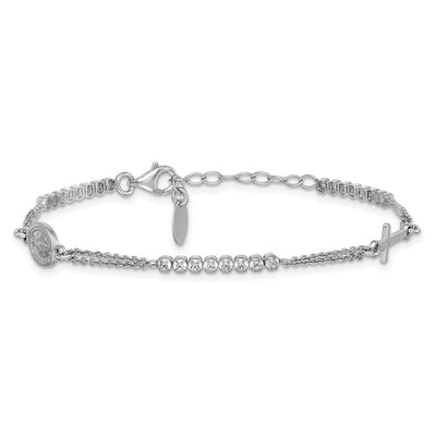 Sterling Silver Rhodium-plated Polished CZ with extender Rosary Bracelet