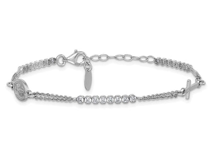 Sterling Silver Rhodium-plated Polished CZ 6. with 1. extender Rosary Necklace