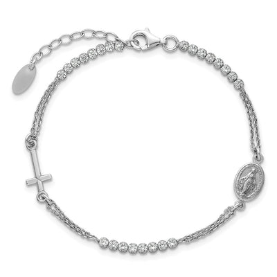 Sterling Silver Rhodium-plated Polished CZ with extender Rosary Bracelet