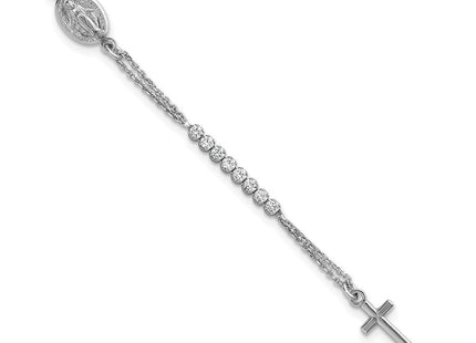 Sterling Silver Rhodium-plated Polished CZ 6. with 1. extender Rosary Necklace