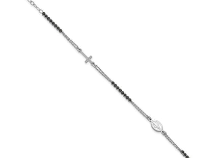 Sterling Silver Rhodium-plated Polished Black CZ 6. with 1. extender Rosary Necklace