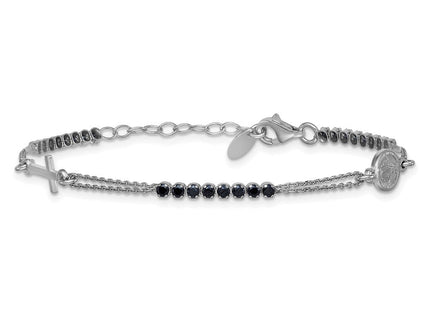 Sterling Silver Rhodium-plated Polished Black CZ 6. with 1. extender Rosary Necklace