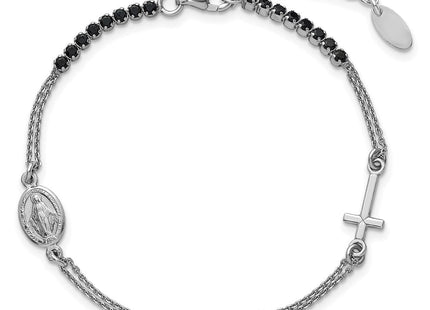 Sterling Silver Rhodium-plated Polished Black CZ 6. with 1. extender Rosary Necklace