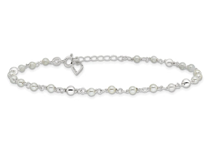 Sterling Silver Polished 9in Plus 1in ext FWC Pearl and Heart Anklet