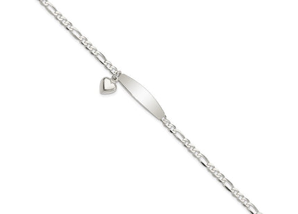 Sterling Silver Polished Figaro ID Heart Dangle Bracelet