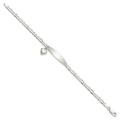 Sterling Silver Polished Figaro ID Heart Dangle Bracelet, 7.5 x 4mm