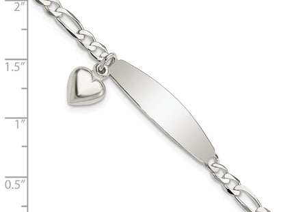 Sterling Silver Polished Figaro ID Heart Dangle Bracelet