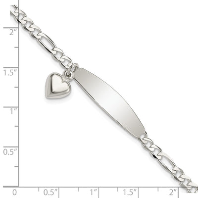 Sterling Silver Polished Figaro ID Heart Dangle Bracelet, 7.5 x 4mm