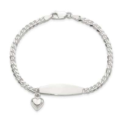 Sterling Silver Polished Curb Link ID Heart Dangle 8.5in Bracelet