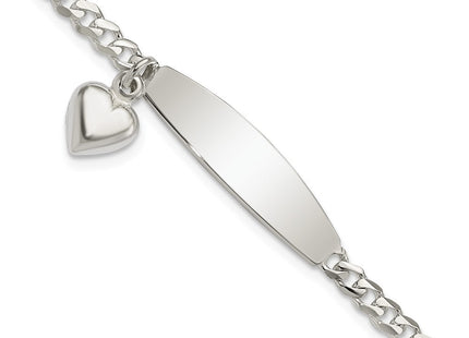 Sterling Silver Polished Curb Link ID Heart Dangle Bracelet