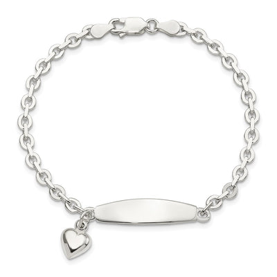 Sterling Silver Polished Rolo Link ID Heart Dangle Bracelet