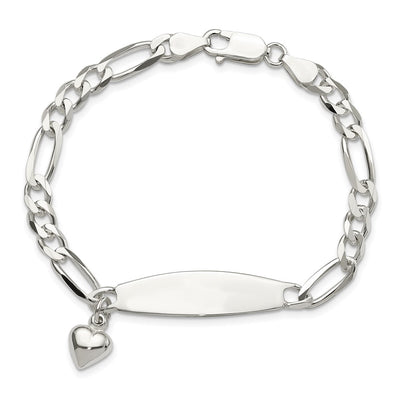 Sterling Silver Polished Figaro ID Heart Dangle Bracelet, 7.5 x 5.25mm