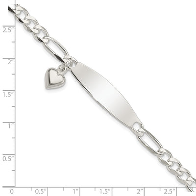 Sterling Silver Polished Figaro ID Heart Dangle Bracelet, 7.5 x 5.25mm