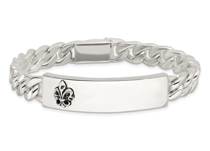 Sterling Silver Antiqued Fleur-de-lis ID Men's Bracelet