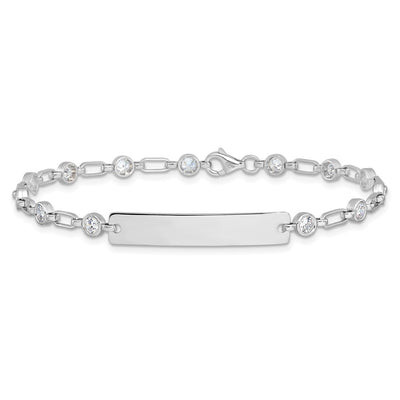 Sterling Silver Rhodium-plated Bezel CZ ID Bracelet