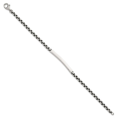 Sterling Silver Antiqued Round Box Chain ID Bar Mens Bracelet
