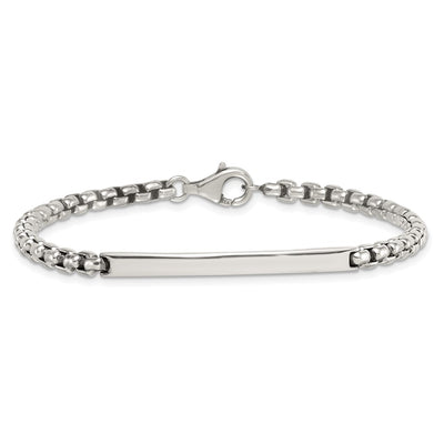Sterling Silver Antiqued Round Box Chain ID Bar Mens Bracelet