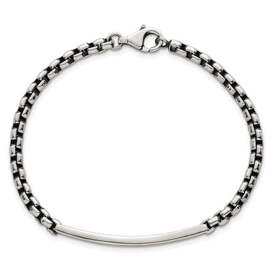 Sterling Silver Antiqued Round Box Chain ID Bar Mens Bracelet