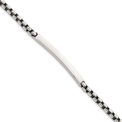 Sterling Silver Antiqued Round Box Chain ID Bar Mens Bracelet
