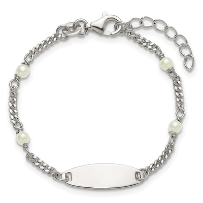 Sterling Silver Polished Curb Link and Acrylic Pearl with Extension Childrens ID Bracelet