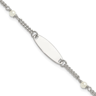 Sterling Silver Polished Curb Link and Acrylic Pearl with Extension Childrens ID Bracelet
