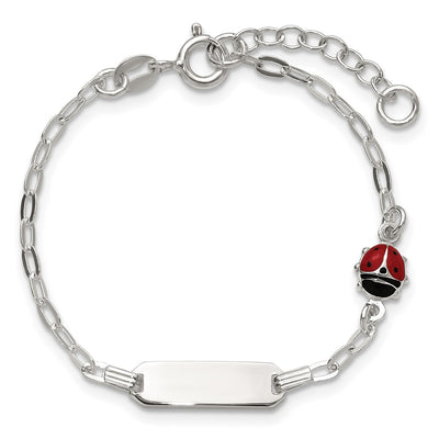 Sterling Silver Polished Red and Black Enameled Ladybug with extension Childrens ID Bracelet