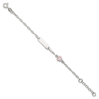 Sterling Silver Polished Pink and Purple Enameled Butterfly with extension Childrens ID Bracelet
