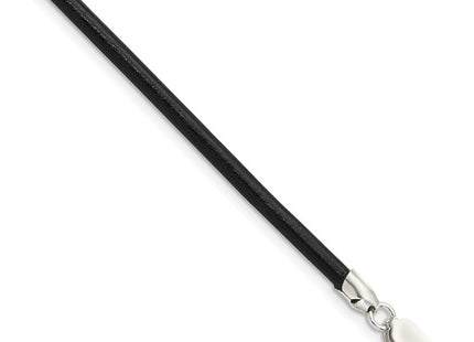 Sterling Silver Black Leather Necklace (Style QK87-18)